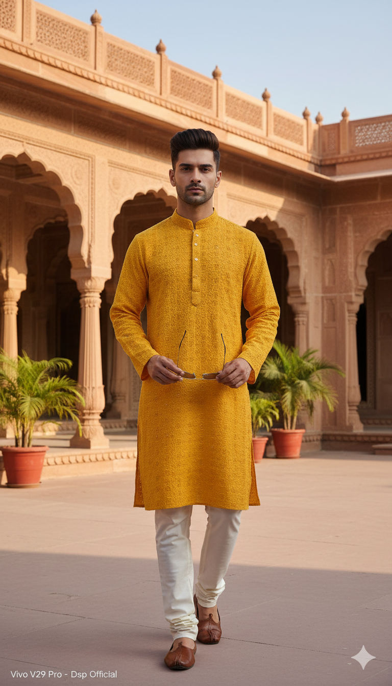 Men's Saffron Yellow Embroidered Kurta Set