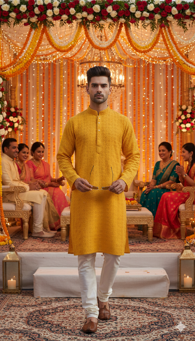 Men's Saffron Yellow Embroidered Kurta Set