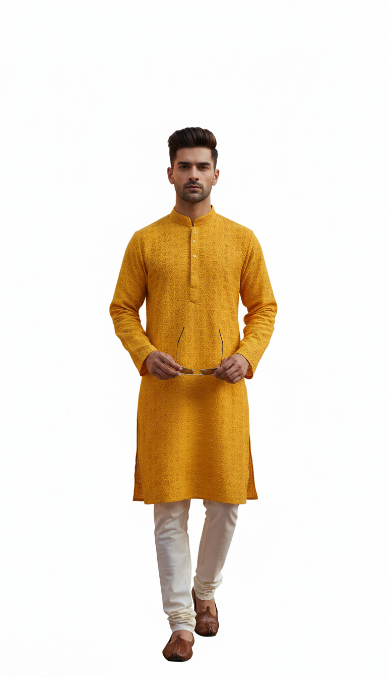 Men's Saffron Yellow Embroidered Kurta Set