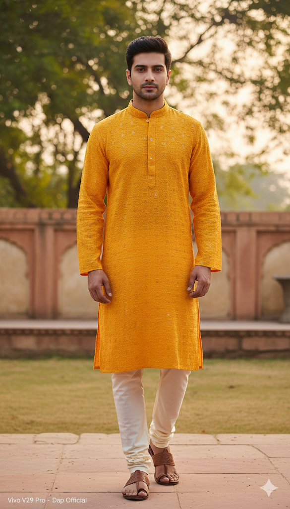 Men's Saffron Yellow Embroidered Kurta Set